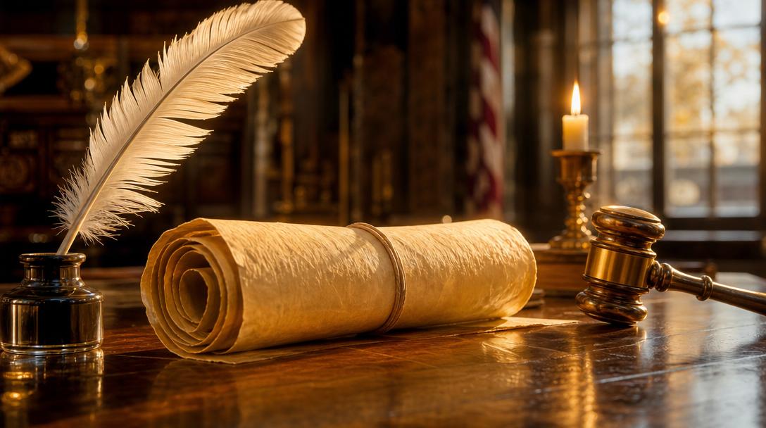 An antique Constitution scroll with a quill and gavel