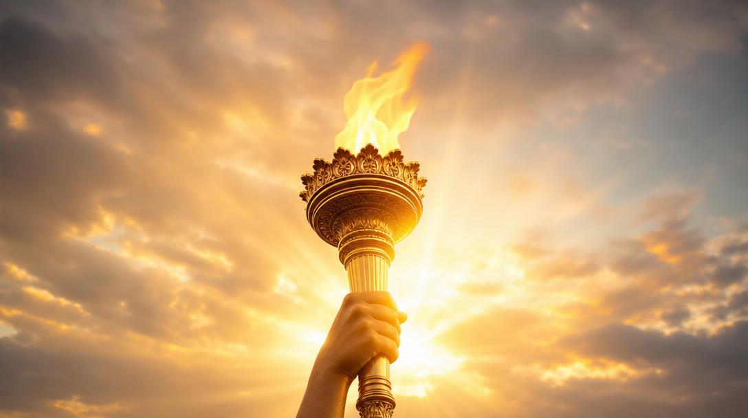 A glowing torch of liberty at dawn